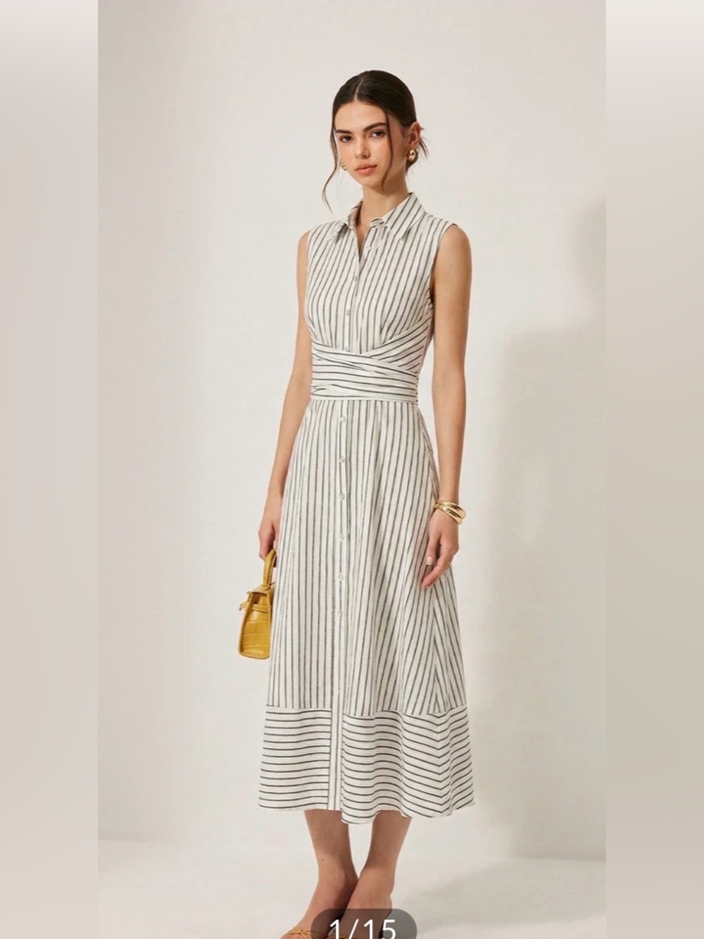 Commense Striped Collateral SleevelessTie Waist Midi Dress